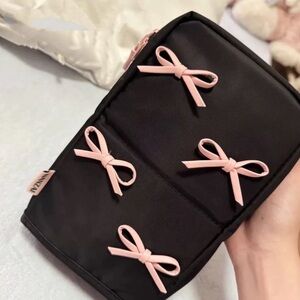 Black Pink Bow Kawaii Medium Makeup Organizer Standing Pouch Bag